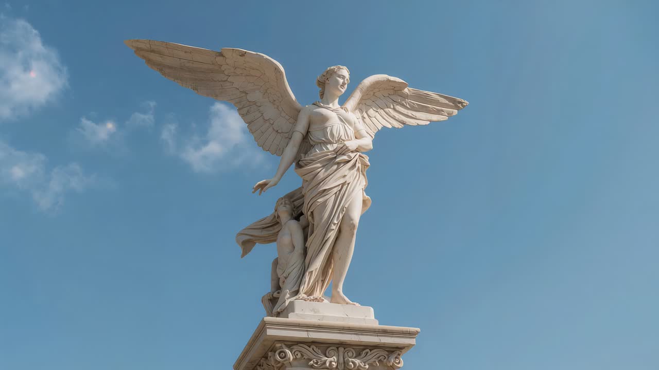 Inquadratura dal basso verso l’alto che rivela un angelo di marmo con un bambino su un piedistallo, mostrando i dettagli sullo sfondo del cielo