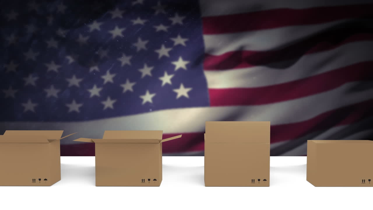 Animazione di nastro trasportatore con scatole di cartone sulla bandiera degli Stati Uniti d'America