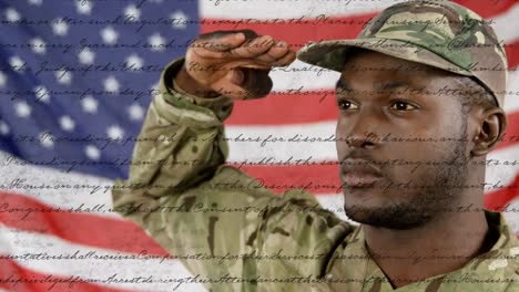 animation of writings and african american male soldier over flag of usa