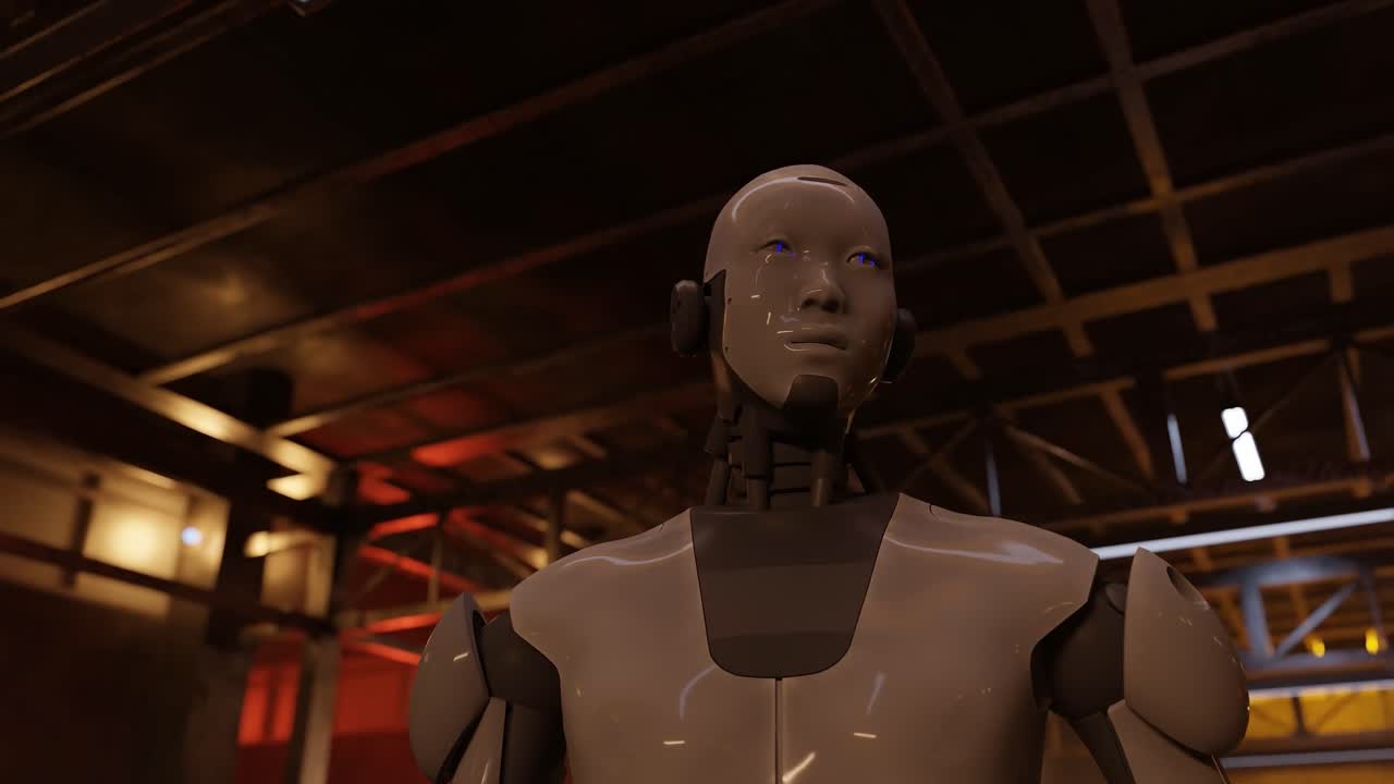 Humanoid robot standing in empty industrial warehouse with warm orange lighting. 3D rendering of artificial intelligence and robotics technology. Future automation and cybernetic system concept