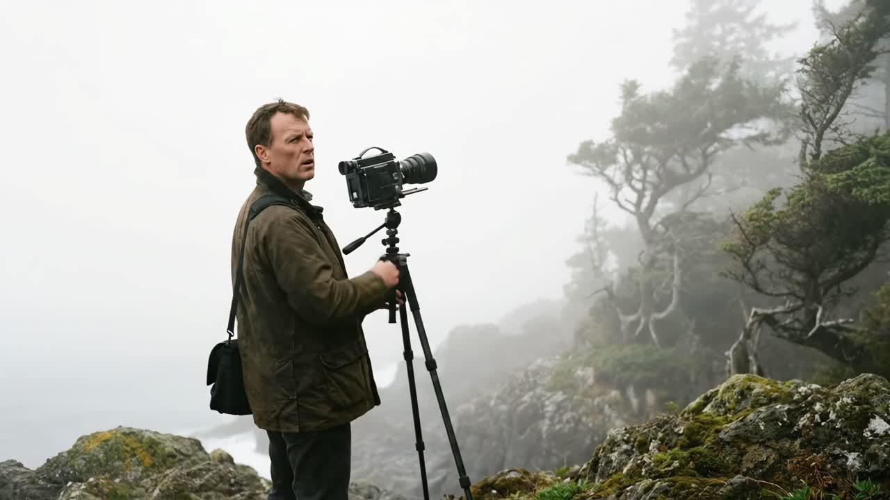 Fotograf tager billeder af tåget landskab på en klippefyldt skrænt