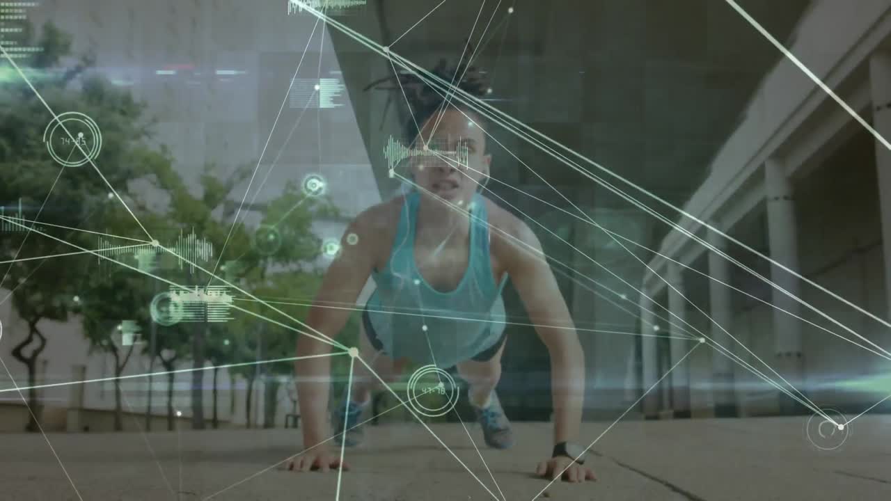 animación de la red de conexiones sobre mujeres que hacen ejercicio al aire libre