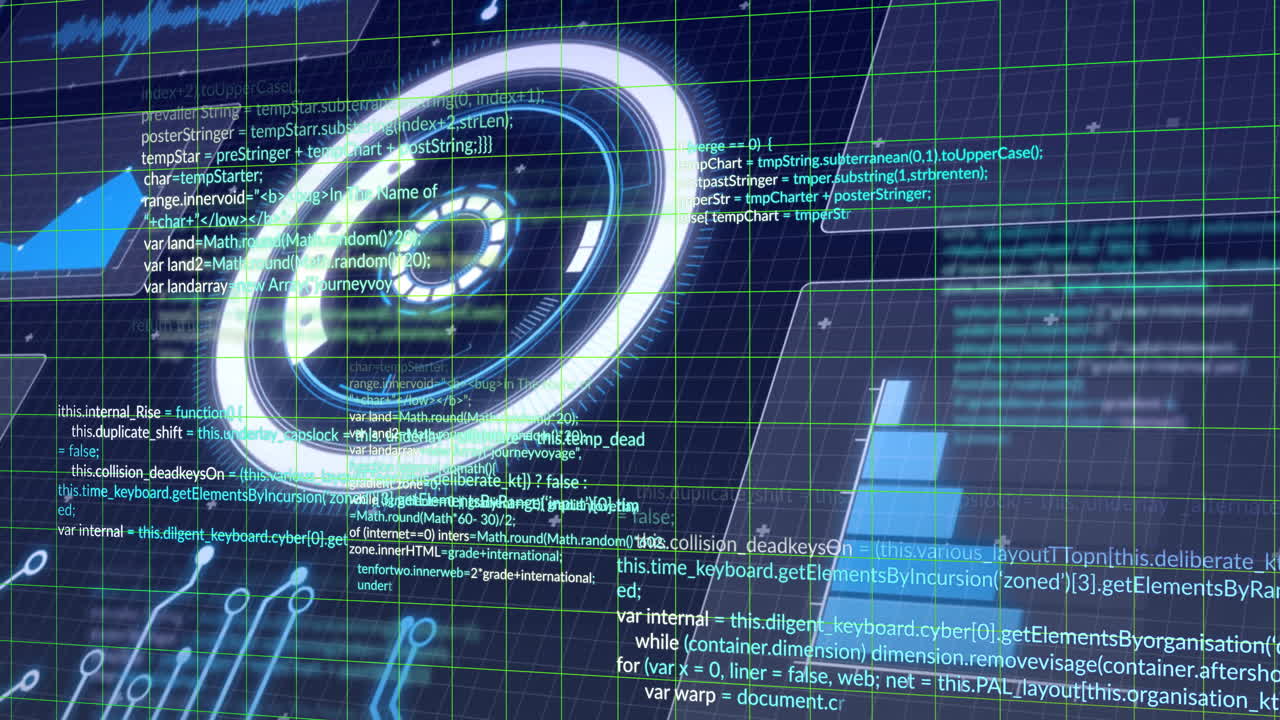 Animation of coding with holographic elements on futuristic digital interface grid