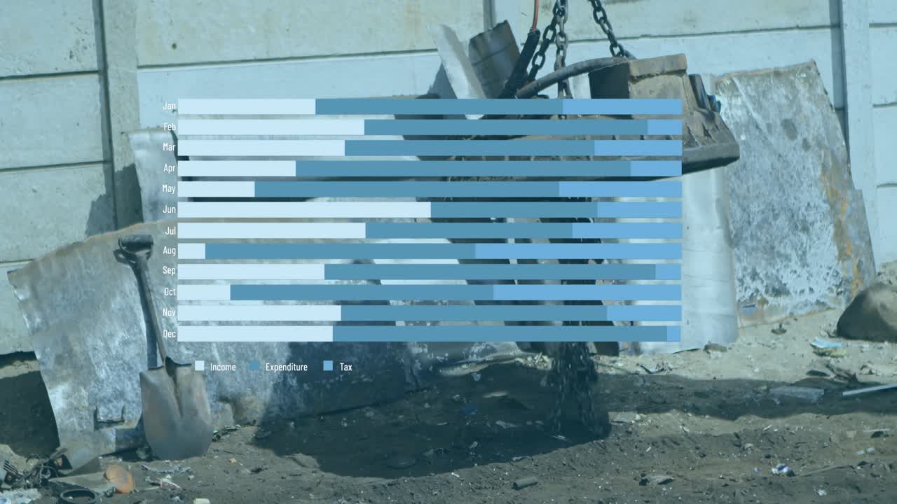 animación del procesamiento de datos estadísticos a través de una grúa magnética que opera en un depósito de chatarra