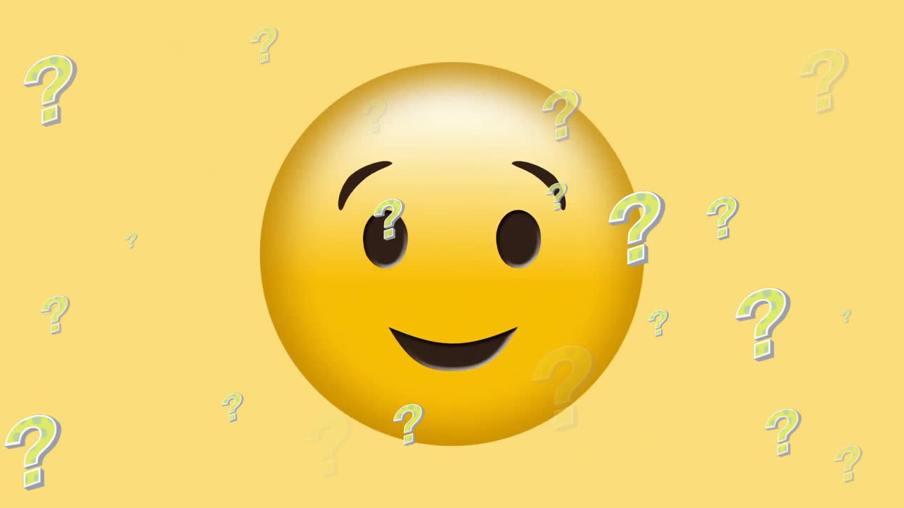 Animazione di icona emoji sorridente con punti interrogativi su sfondo giallo