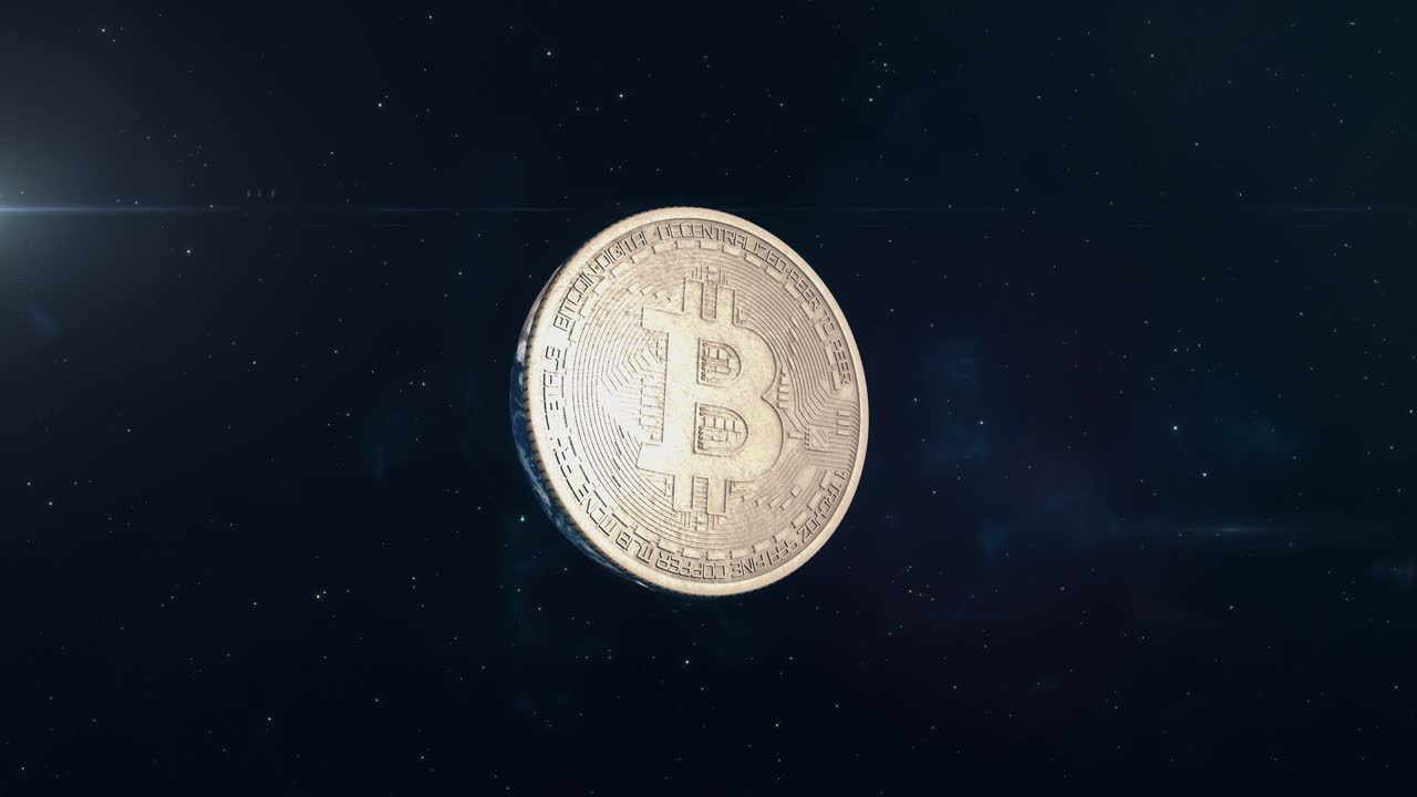 Bitcoin - Planet Earth Rotating to Reveal Cryptocurrency Coin