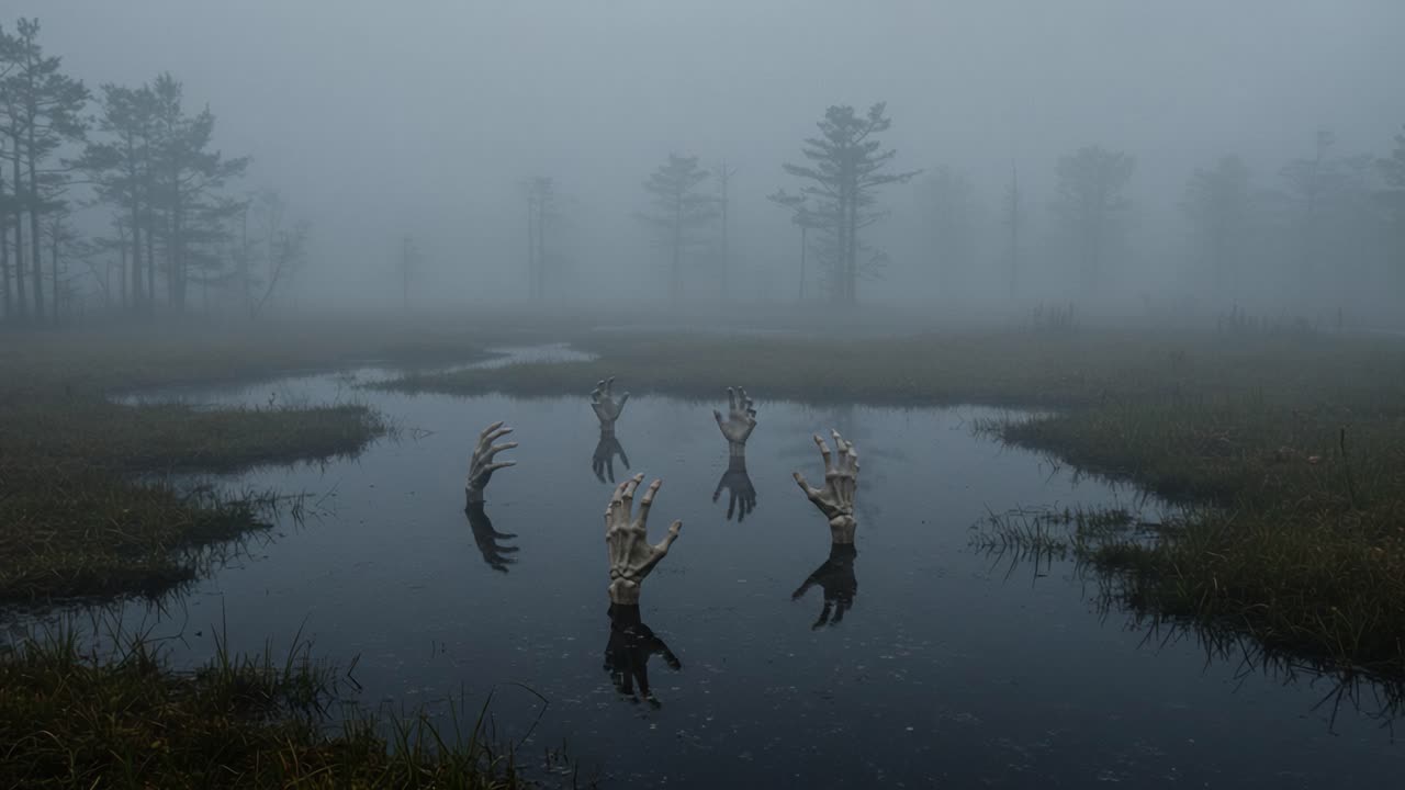 Eerie Scene in the Mist: An Enigmatic Reflection of Skeletal Hands Emerging from a Marshy Swamp Beneath a Shroud of Fog