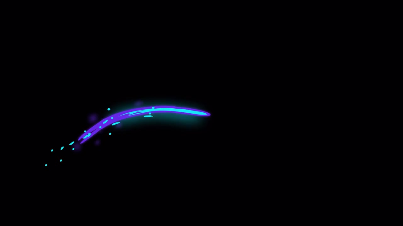 Scia di luce animata, luminosa, blu e viola su sfondo nero