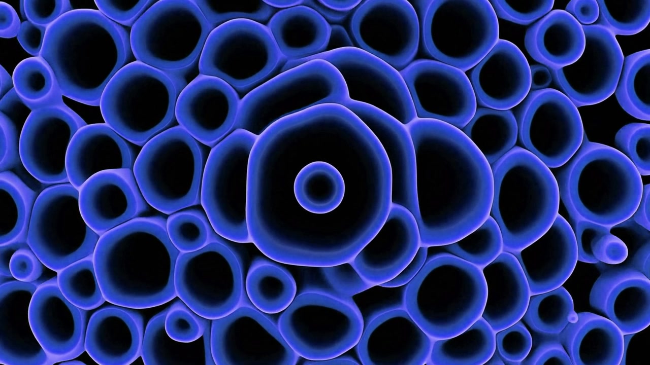 Animazione astratta di strutture cellulari blu luminose