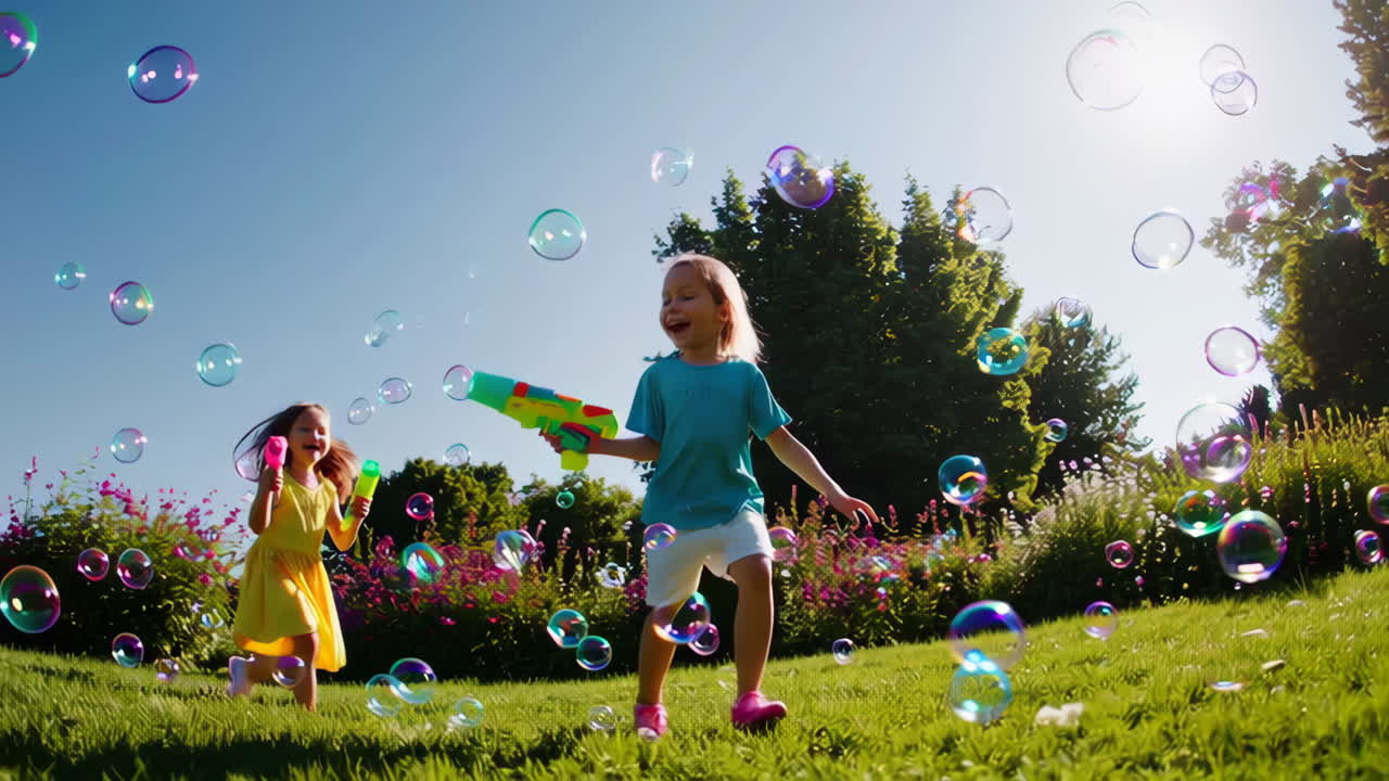 Meninas Brincando com Bolhas de Sabão em um Parque Ensolarado