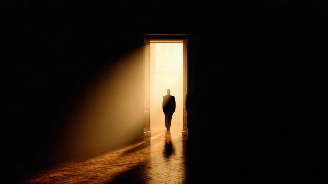 A Figure Embarks on a Journey Through the Doorway of Light, Symbolizing Transitions and New Beginnings Amidst Shadows and Warm Hues