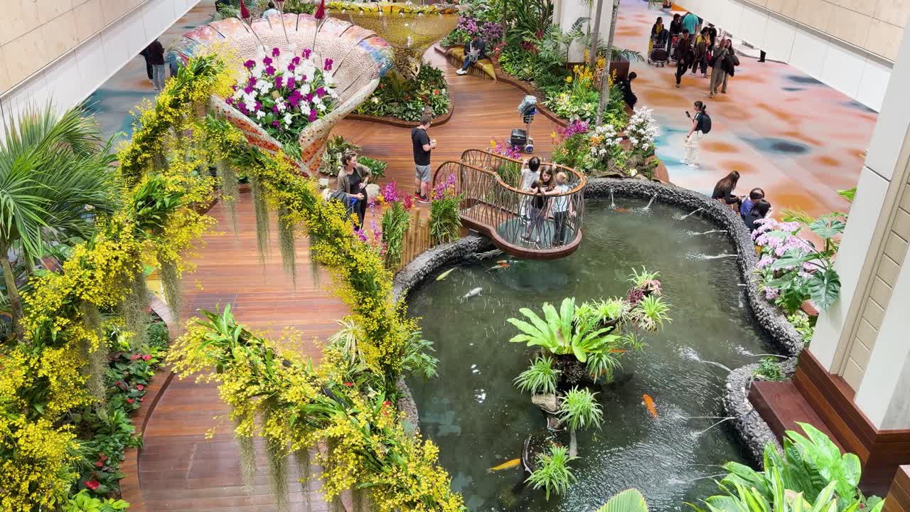 Overhead view of travelers strolling wooden bridge above koi pond in bright indoor tropical garden