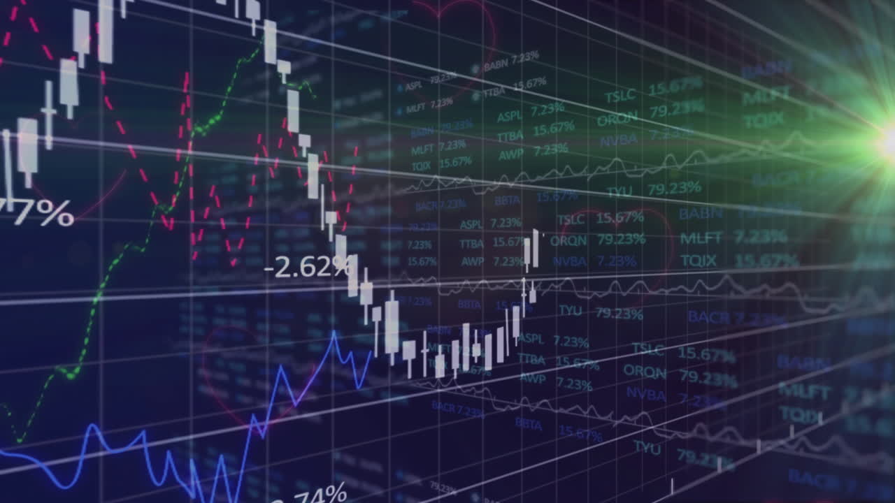 Animazione che mostra dati e grafici fluttuanti del mercato azionario con tendenze finanziarie
