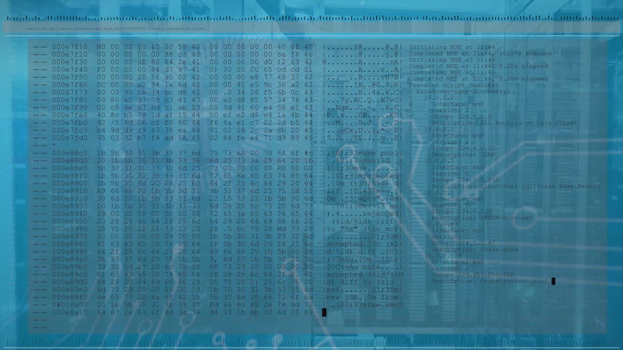 Animation of data processing and microprocessor connections against computer server room