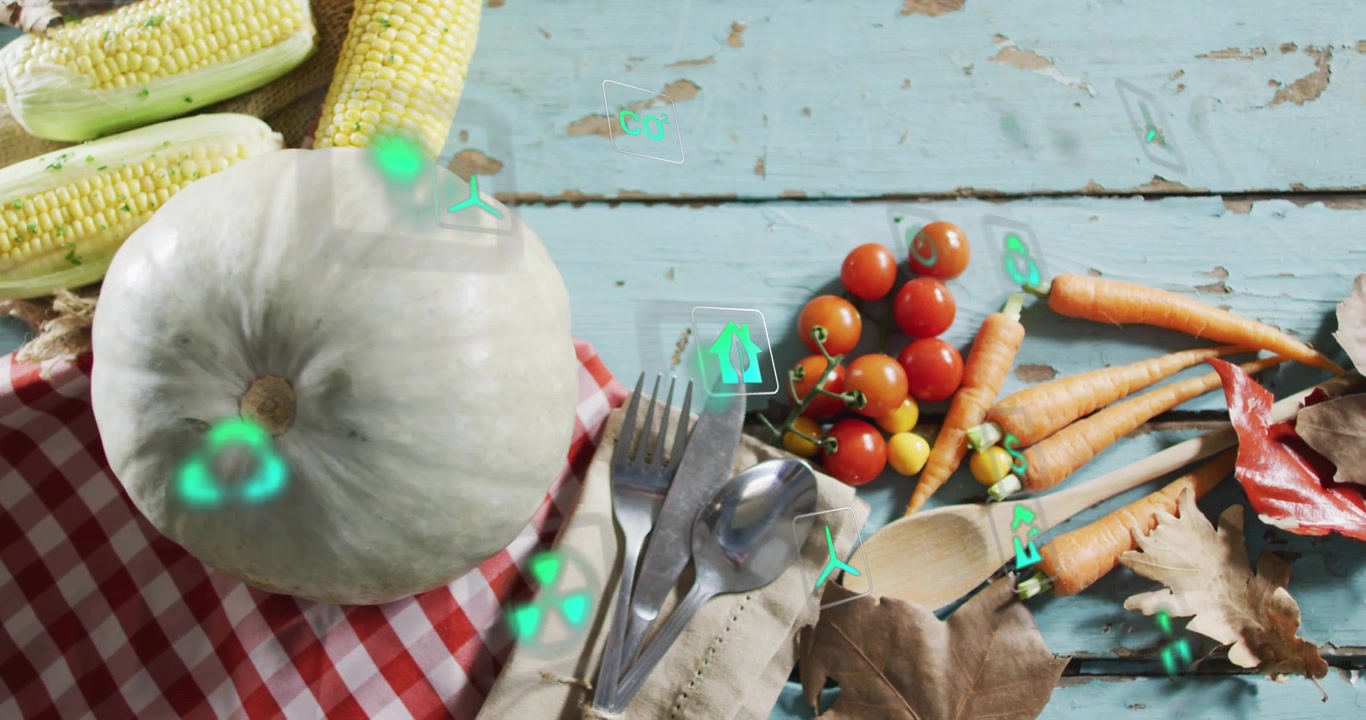 Pulsing dot appearing over pale pumpkin, holograms drifting across table mapping harvest data