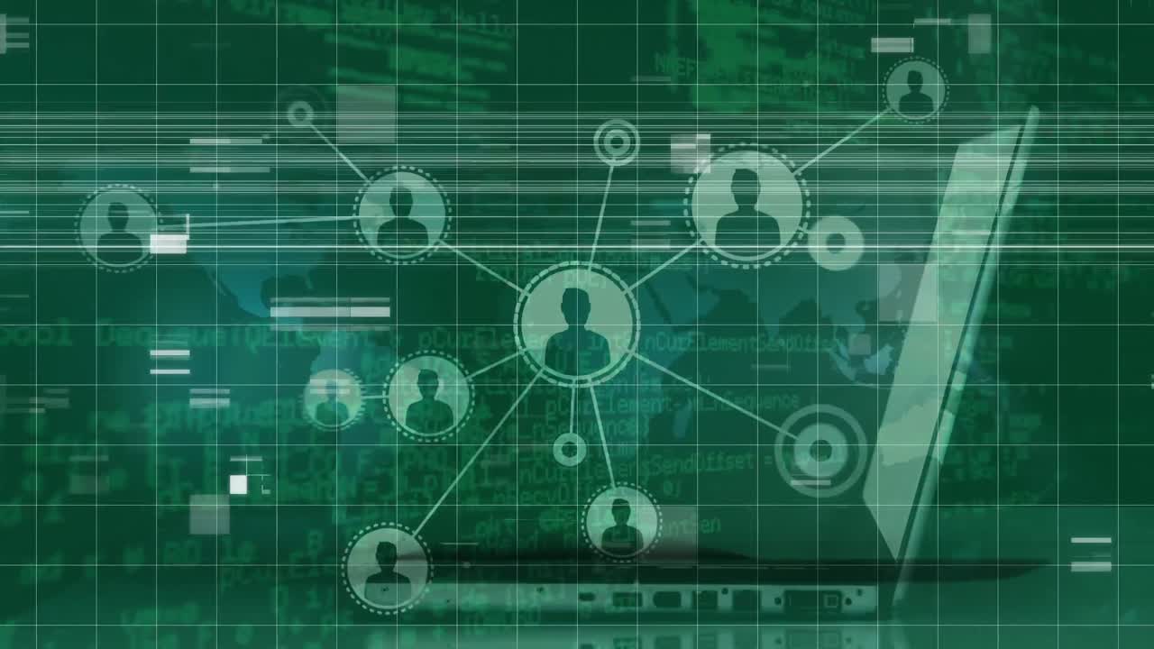 Animation of network of connections with people icons over laptop and grid