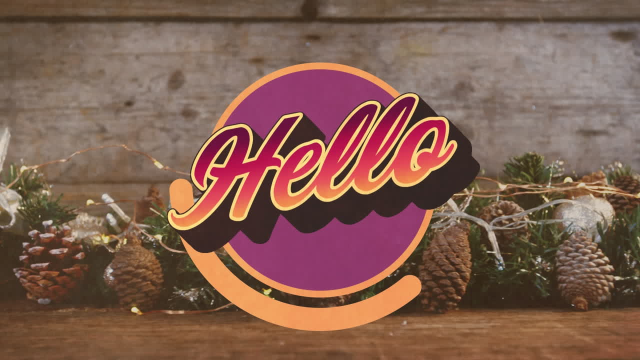 animación de hello over círculo y conos de pino y decoraciones de navidad