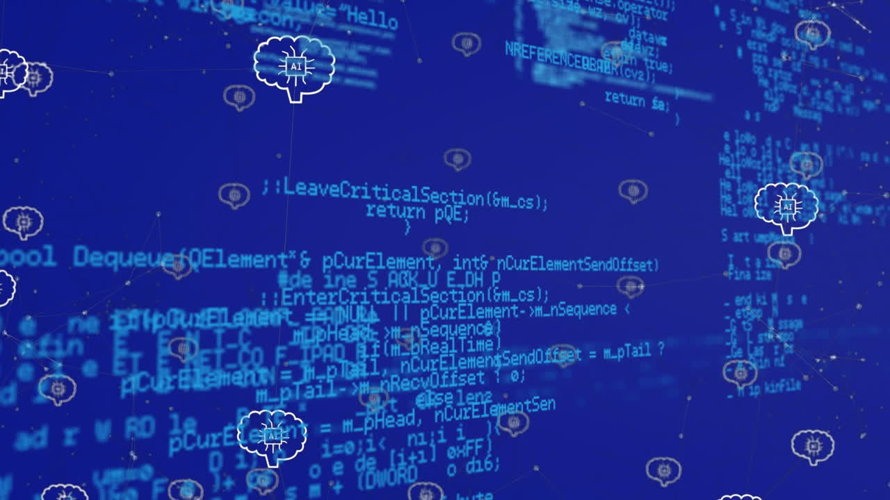 animación de procesamiento de datos y iconos sobre fondo azul