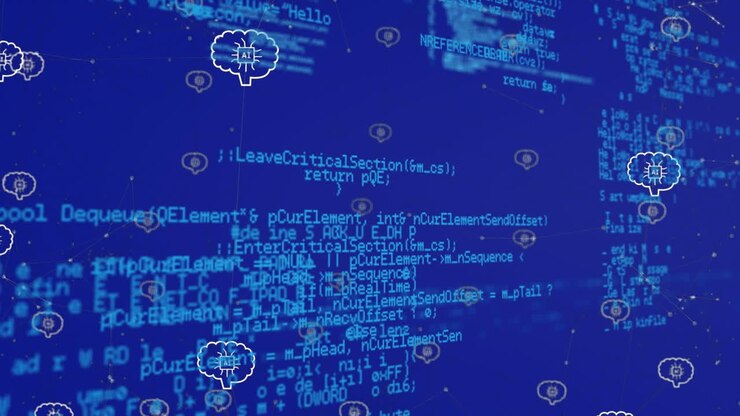 Animation of ai data processing and icons over blue background