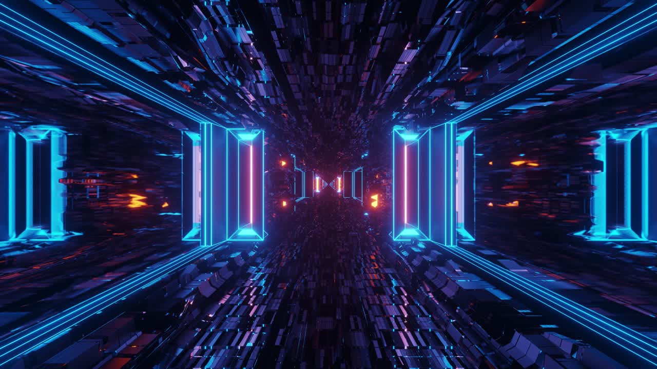 Computerized reflective dark sci fi tunnel with bright and vivid colourful lights illuminating it. Animation, VJ loops.