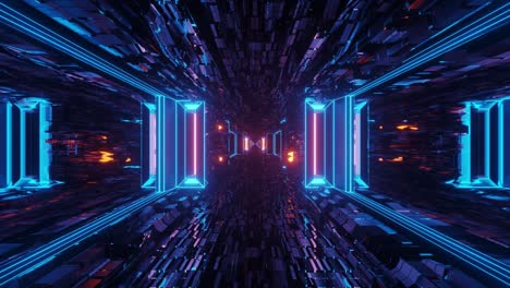 computerized reflective dark sci fi tunnel with bright and vivid colourful lights illuminating it. animation, vj loops.
