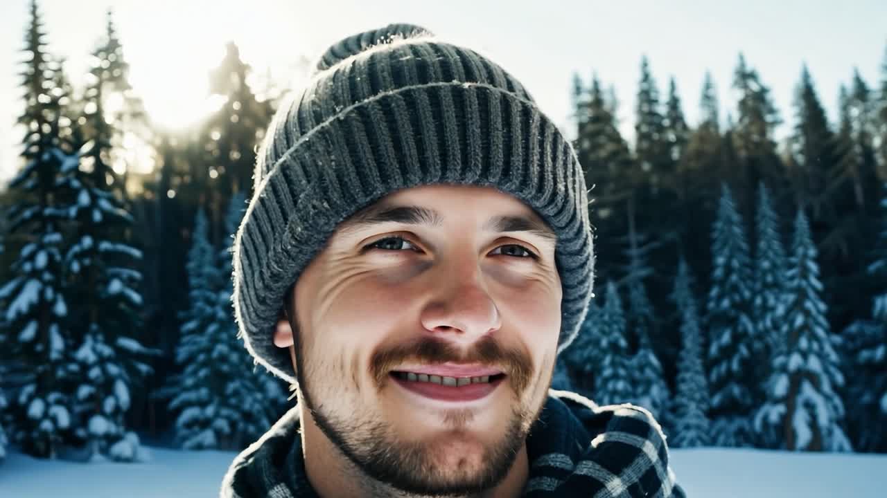 Uomo sorridente in una foresta invernale
