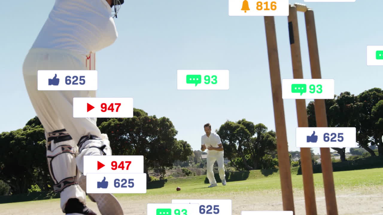 필드에서 다양한 크리켓 선수에 대한 디지털 데이터 처리의 애니메이션