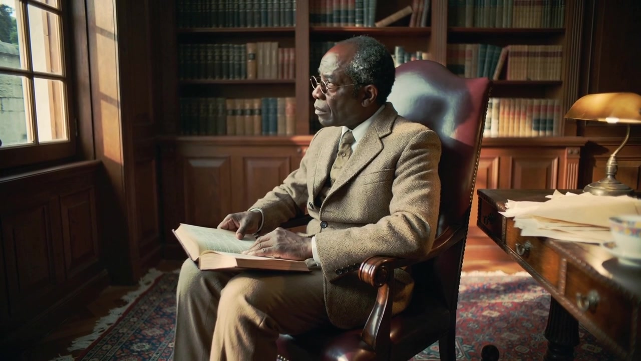Starting flipping page, senior man in brown suit studying book in leather armchair, panelled study