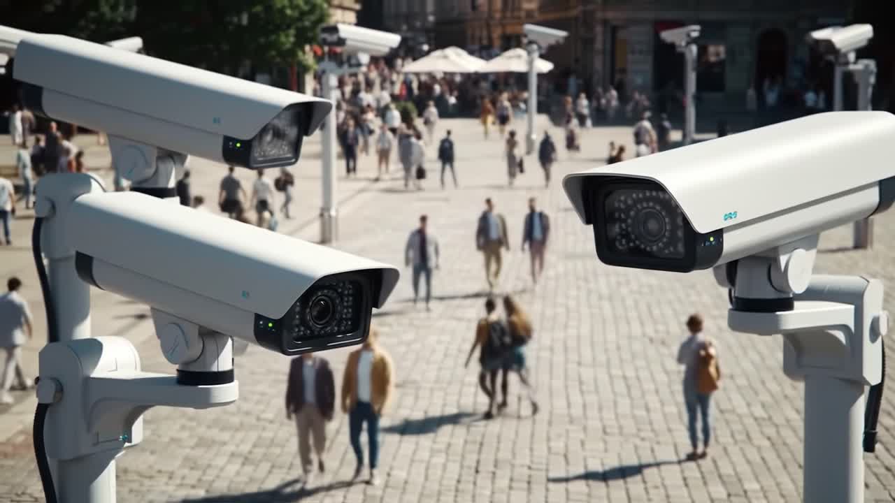 Surveillance Technology: A Close-Up Perspective of Modern Security Cameras Monitoring Crowded Urban Spaces for Safety and Crime Prevention