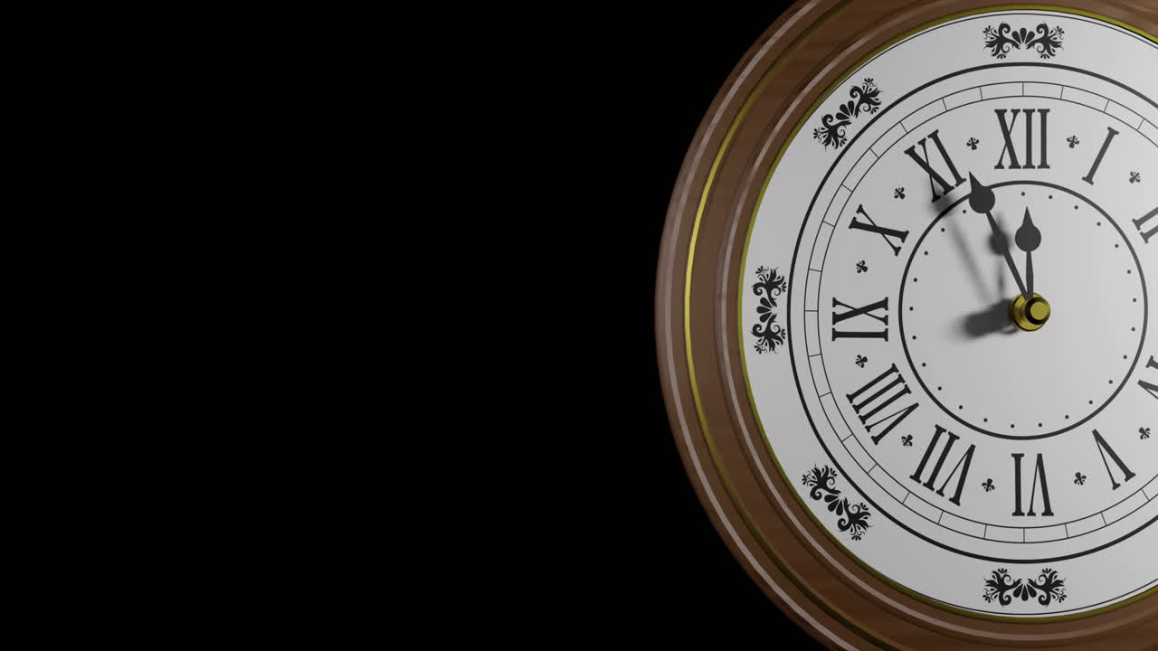 Animation of retro clock ticking showing midnight on black background