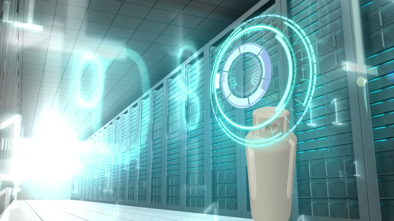 Animation of scope scanning and data processing over cream container and server room