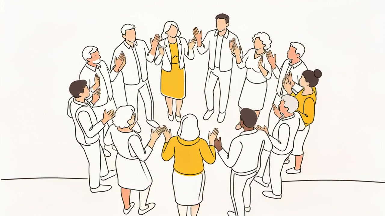Clapping starting woman in yellow top white skirt leading circle moving in studio, forming huddle