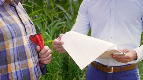 socios de negocios estrechándose la mano en el campo de maíz /