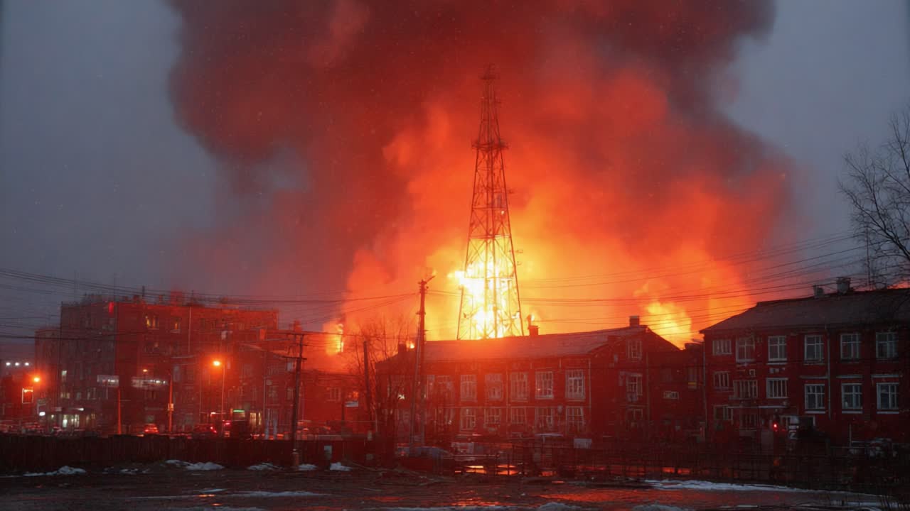 Dramatic Transformation: A Bright Orange Inferno Erupts Against a Darkening Sky, Signifying Chaos and Destruction Amidst Infrastructure and Industrial Landscape