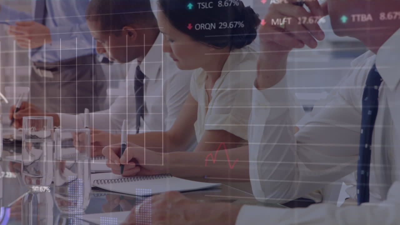 상업 게시판의 애니메이션, caucasus 매니저가 다양한 동료들과 보고서를 논의하는 그래프