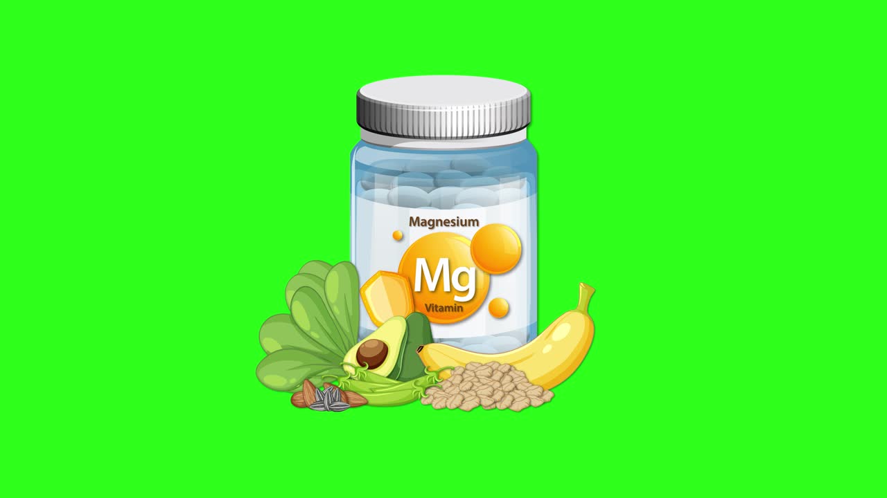 Magnesium supplement bottle with spinach, avocado, banana, and nuts appears on bright green background