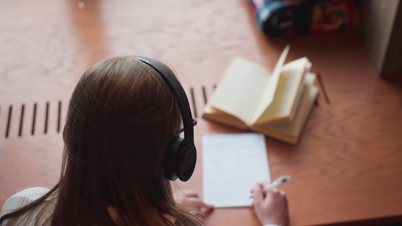 back view of girl with headphones writing on notebook while gently dancing to music beside coffee cup and open book on wooden table in warm cozy indoor space with natural light through window
