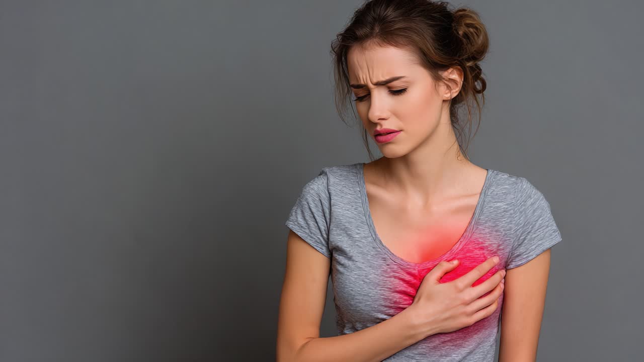 A young woman with a concerned expression holds her chest, experiencing discomfort or pain, poised against a neutral gray background, illustrating a moment of emotional or physical distress