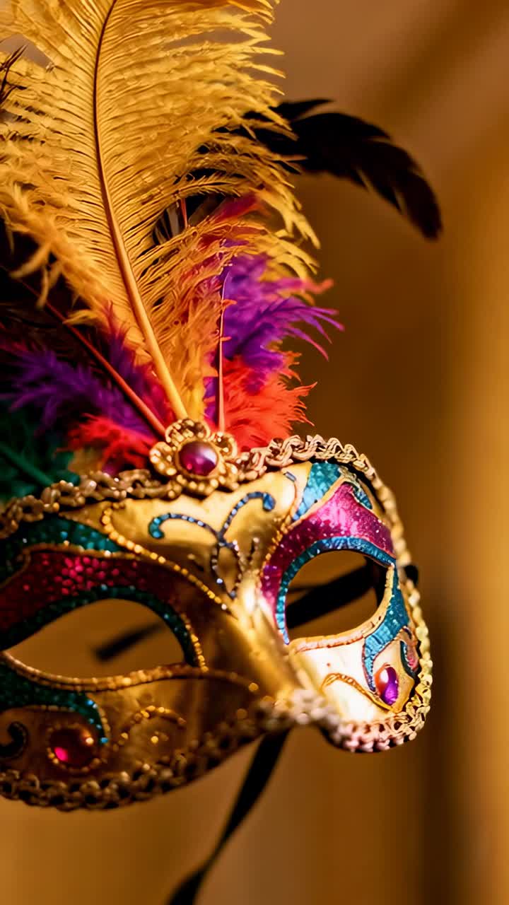 Video verticale: Telecamera panoramica che rivela una maschera di carnevale ornata in un interno caldo con gemme rosa