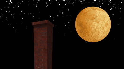 animación de paisaje navideño de invierno con chimenea, manchas brillantes cayendo y luna