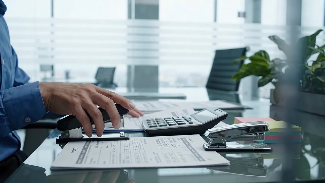 Um indivíduo focado usando uma calculadora para processar documentos financeiros em um ambiente de escritório moderno, destacando produtividade e atenção aos detalhes no trabalho.