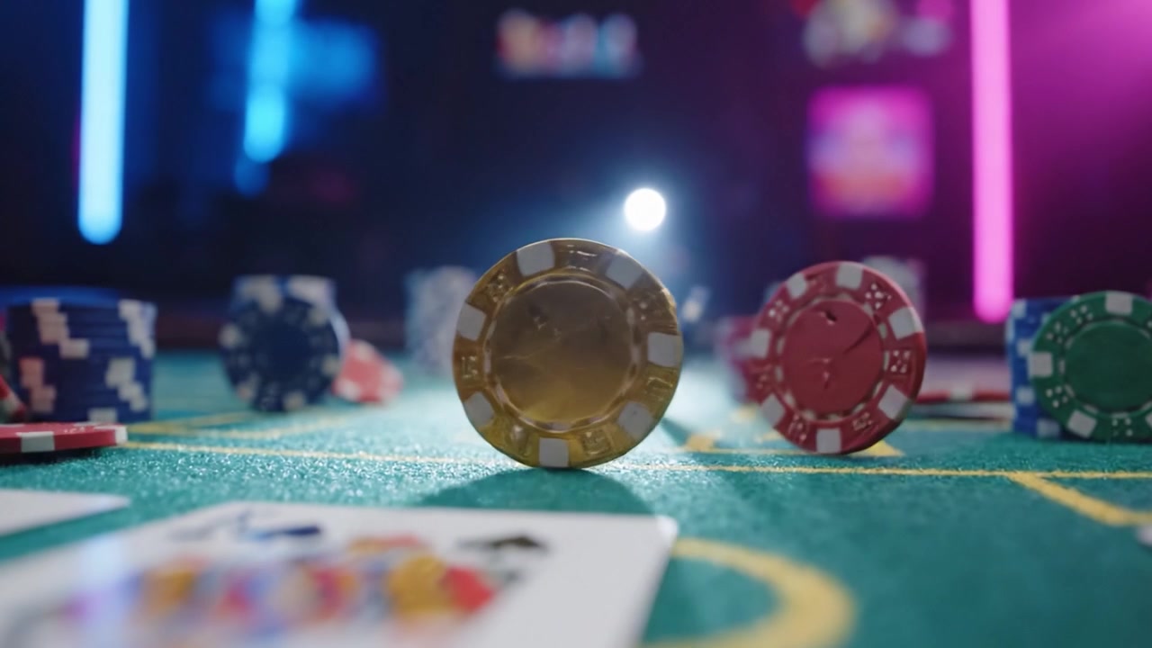 Un momento coinvolgente in un casinò: carte e fiches circondate da una vivace vita notturna, che sprigionano l'emozione delle avventure di gioco d'azzardo ad alto rischio.
