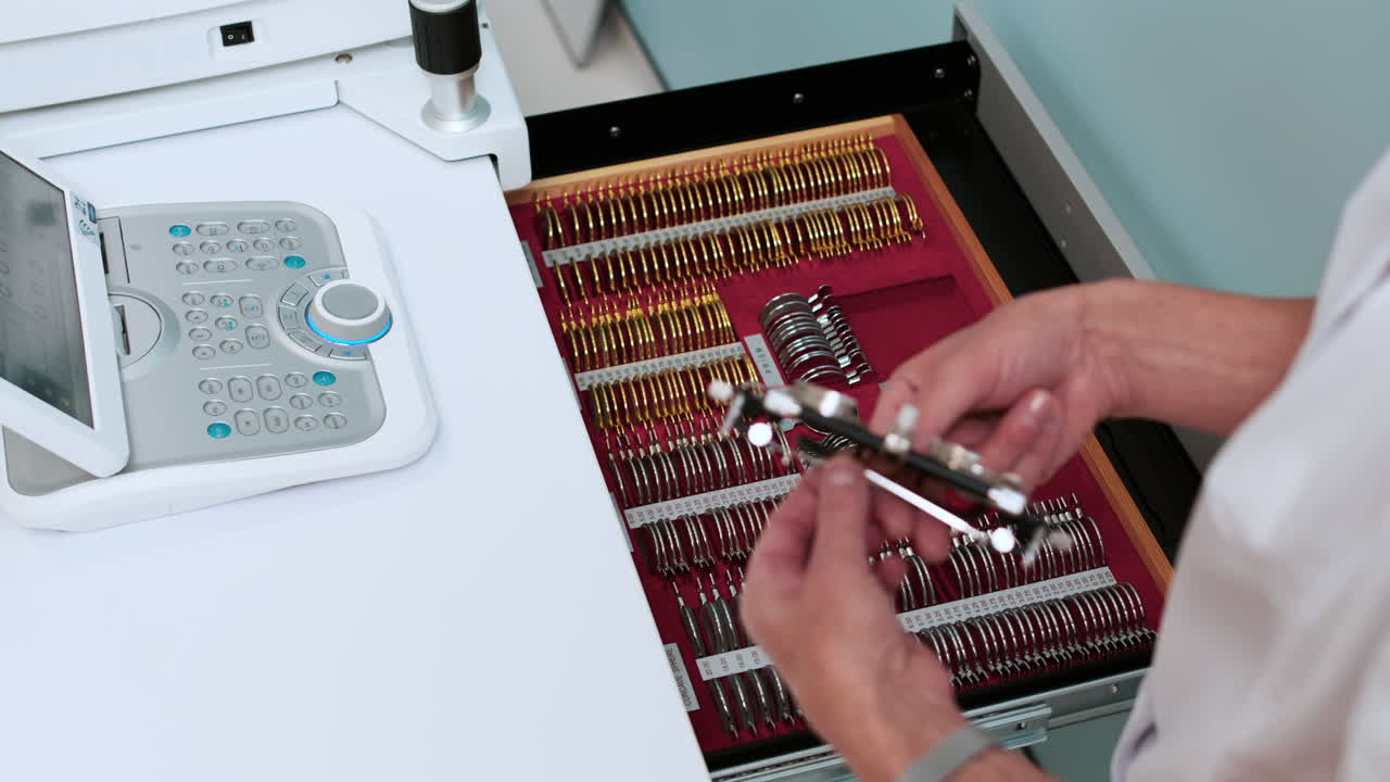 Ophthalmologist opening a drawer with lenses