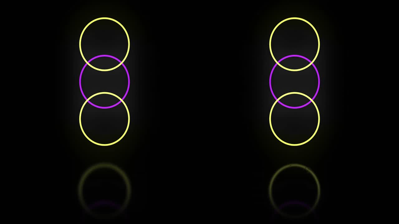 animación de círculos de neón amarillos y rosados sobre un fondo negro.