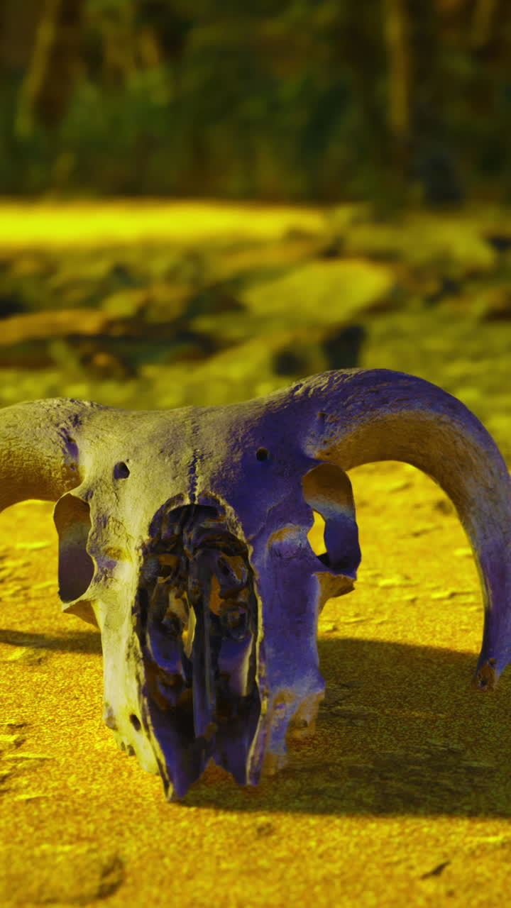 Ancient skull resting on golden ground under warm sunlight in a forest