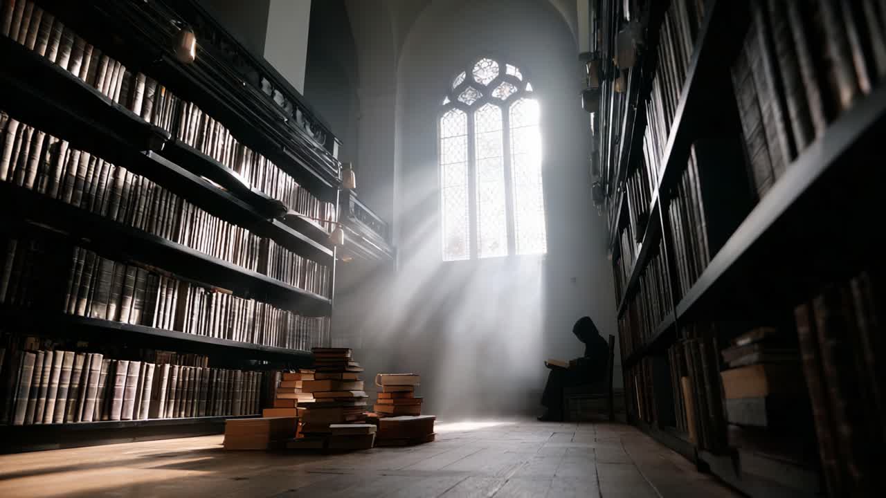 Um ambiente de biblioteca sereno iluminado por luz natural, destacando pilhas de livros e um leitor em contemplação em meio à atmosfera acadêmica