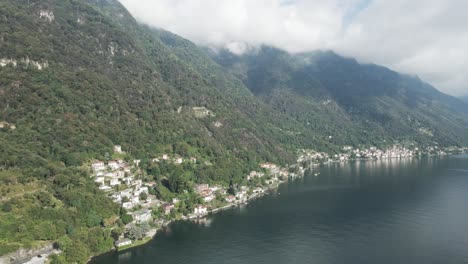 a drone shot panning across the shoreline of lake como in italy