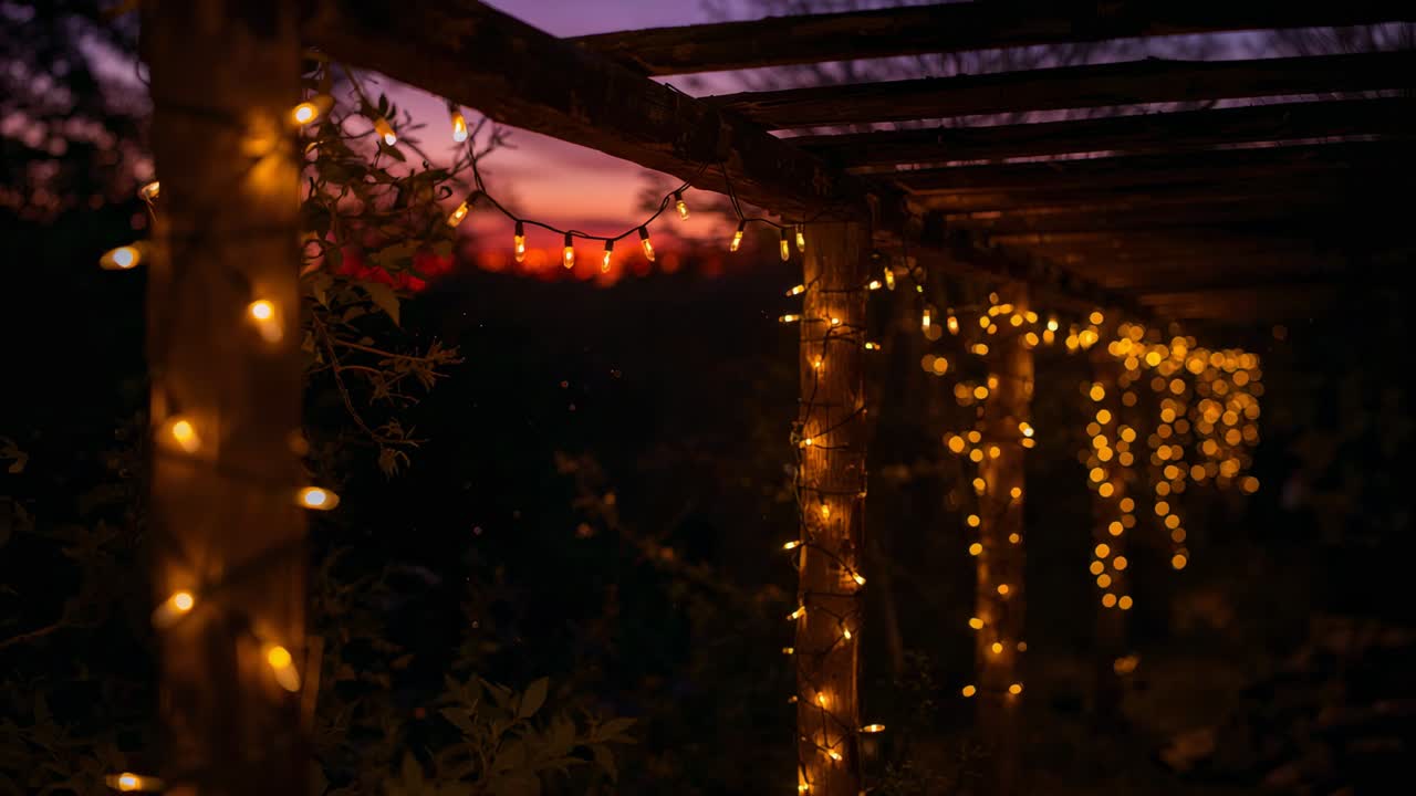 Shimmering wrapped post with warm fairy lights glowing with camera shifting focus at dusk pergola