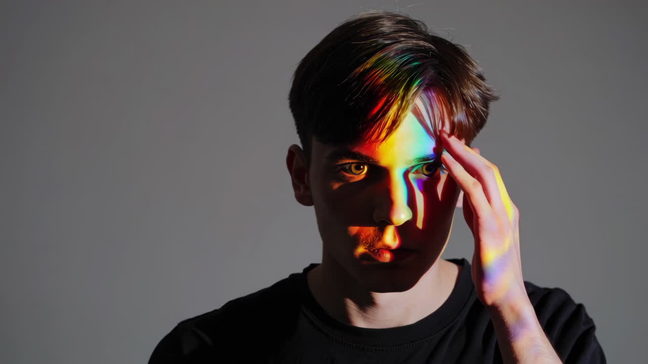 Young Man's Face Illuminated by Rainbow Light Spectrum