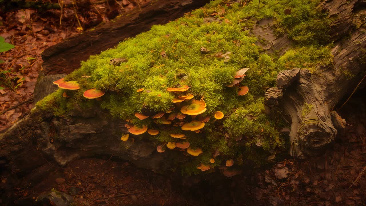 Moving camera revealing moss mat on decaying log at forest floor, showing orange fungi texture